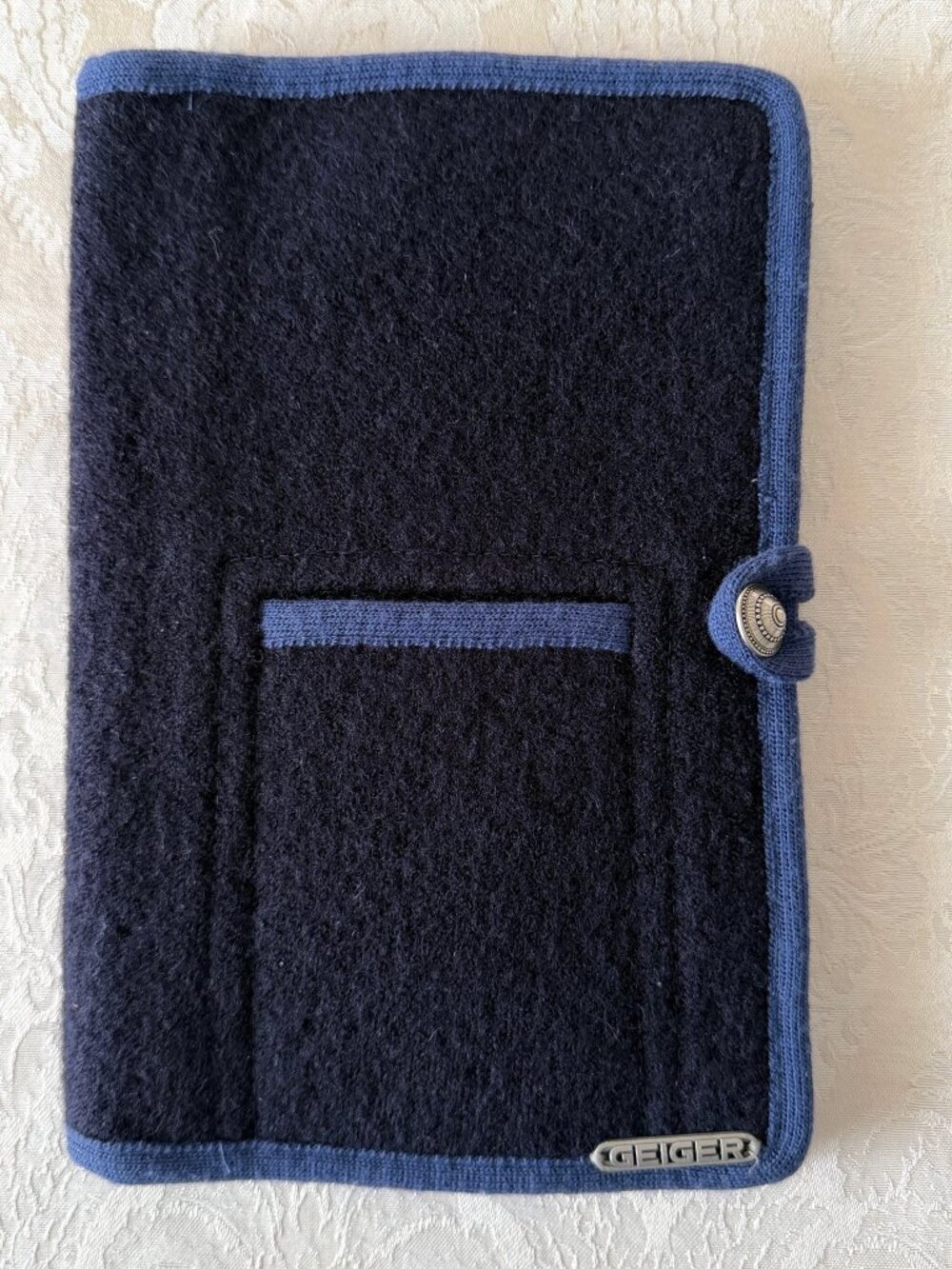 Geiger Navy Wool book or documents cover button closure & small pockets on front